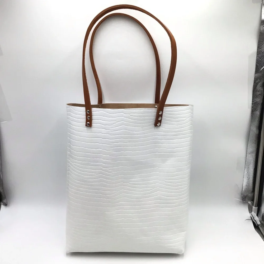 New Handmade croc embossed white leather large unlined tote shoulder handbag